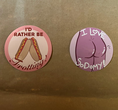 Frotting and Sodomy Round Vinyl Stickers